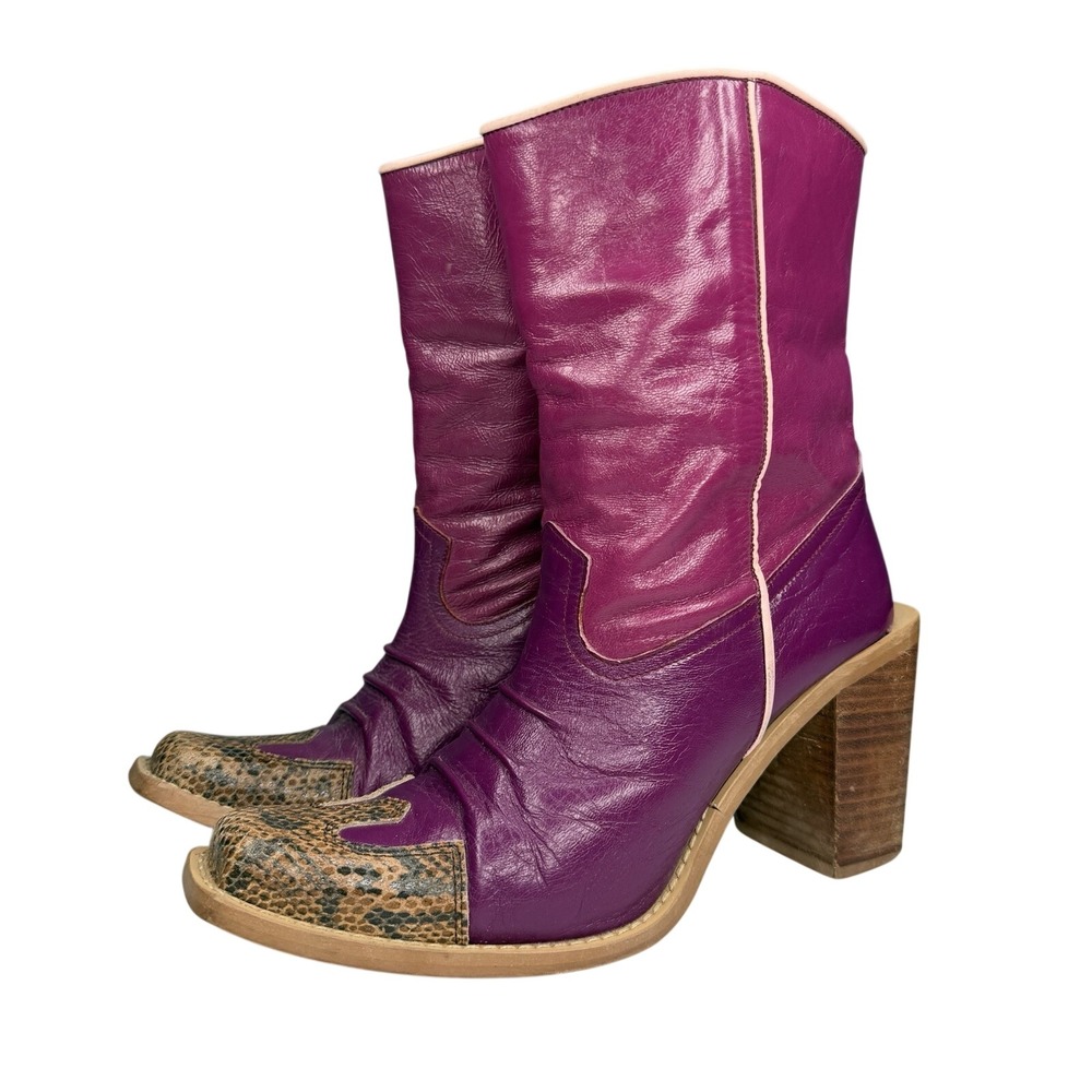 Vintage Women 39 European Chunky Heel Leather Cowboy Boots Western Festival